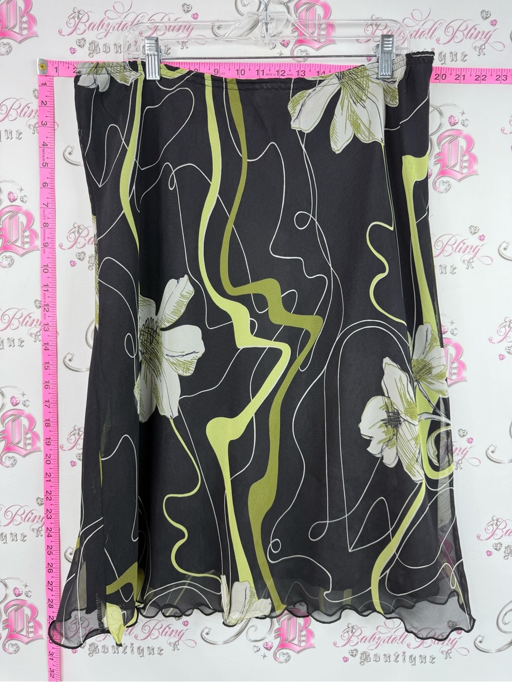 Addition Elle skirt y2k flowers Black Skirt with Lime Green Floral Swirl Print